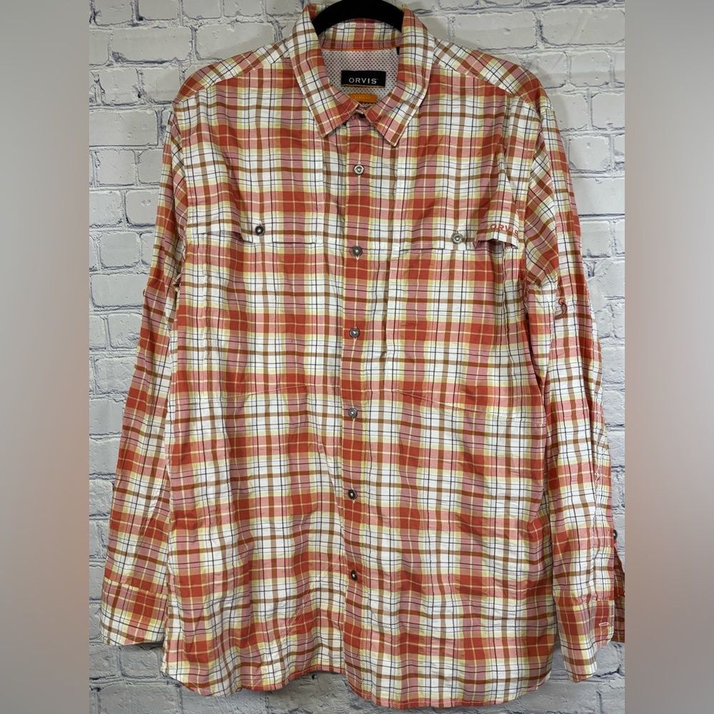 Orvis Orange Cream Plaid UPF 40 Fishing Outdoor Lightweight Long Sleeve Shirt L